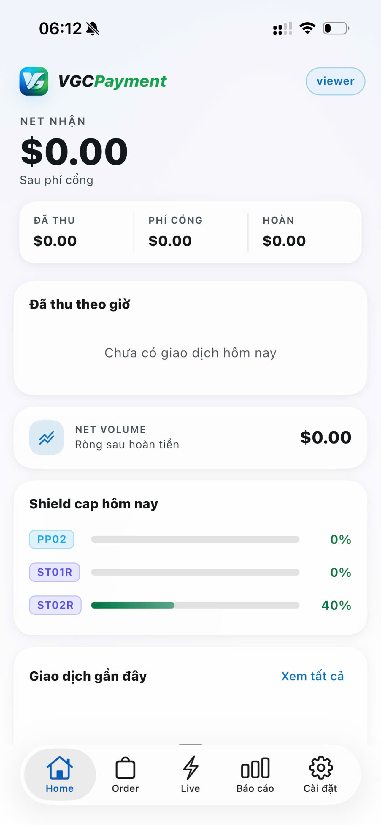 Màn hình Trang chủ VGCPayment — doanh thu và giao dịch